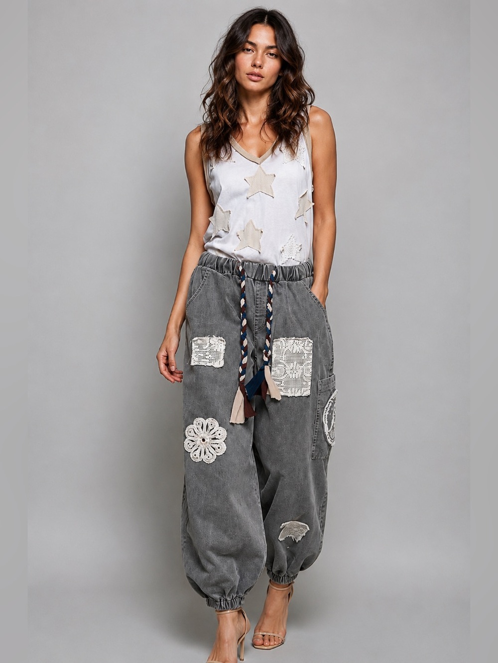POL Bohemian Gray Patchwork Jogger Pants